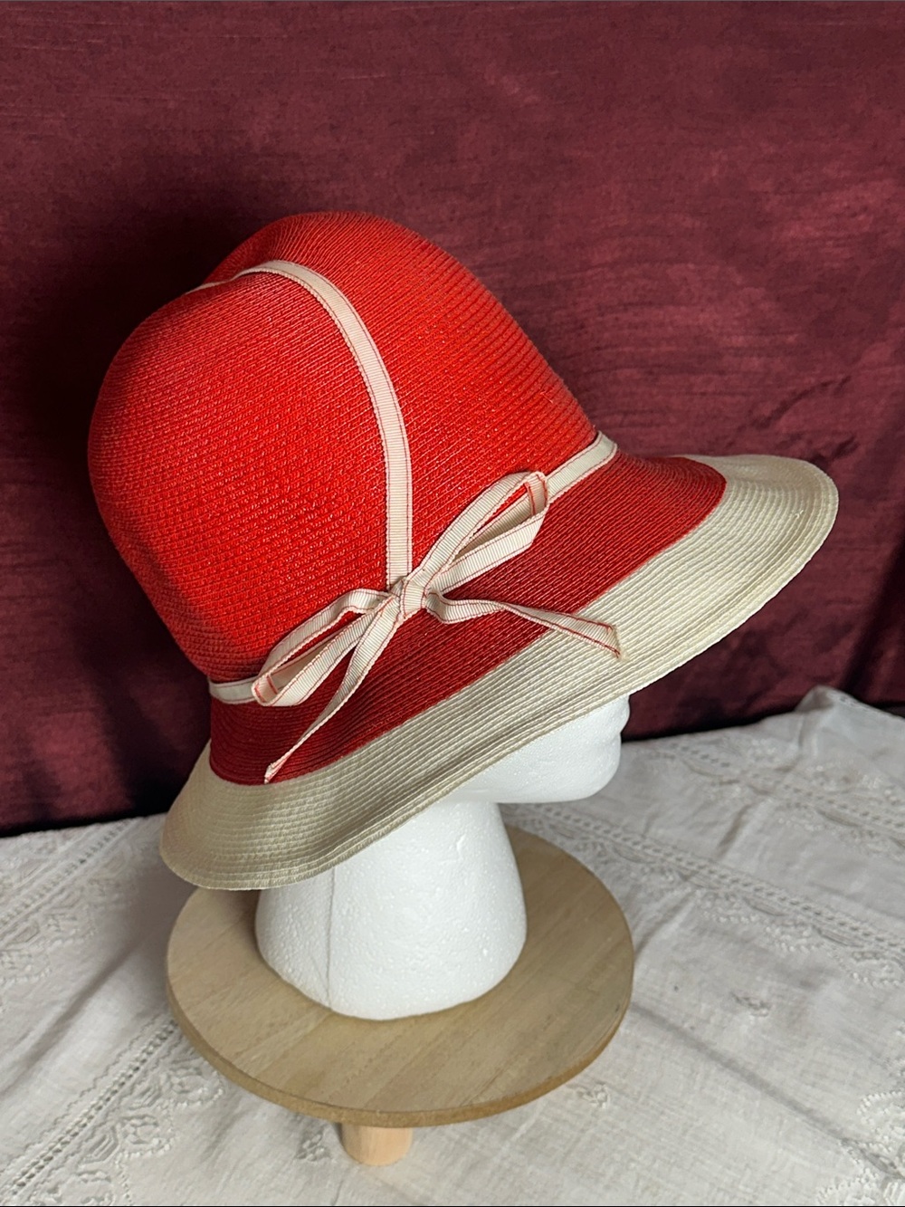 ❤️ Vintage Toni Leslie Red & Ivory Wide Brim Sun Hat 🎀